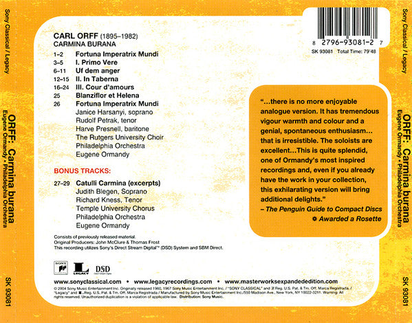 Carl Orff - The Philadelphia Orchestra, Eugene Ormandy, Janice Harsanyi / Rudolph Petrak* / Harve Presnell, The Rutgers University Choir, F. Austin Walter : Carmina Burana / Cantiones Profanae (CD, RE, RM)