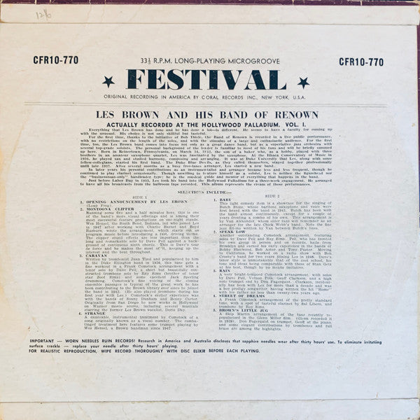 Les Brown And His Band Of Renown : Concert At The Palladium Vol 1 (10", Album, Mono)