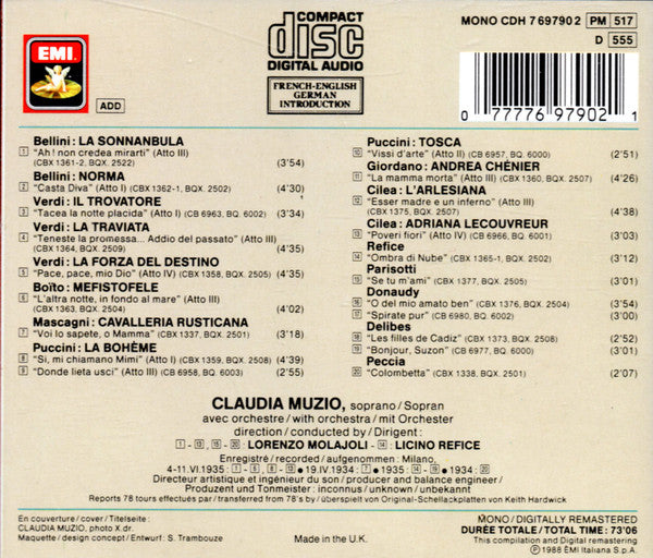 Claudia Muzio : Airs D'operas Et Mélodies = Opera Arias And Songs = Opern-Arien Und Gesänge (CD, Comp, Mono, RM)