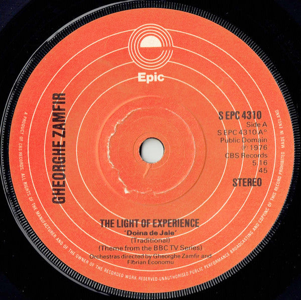 Gheorghe Zamfir : The Light Of Experience (Doina De Jale) (7", Single, RE, Ora)