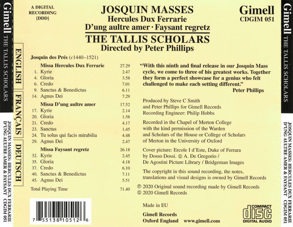 Josquin* / The Tallis Scholars Directed By Peter Phillips (2) : Masses: Hercules Dux Ferrarie · D'ung Aultre Amer · Faysant Regretz (CD, Album)
