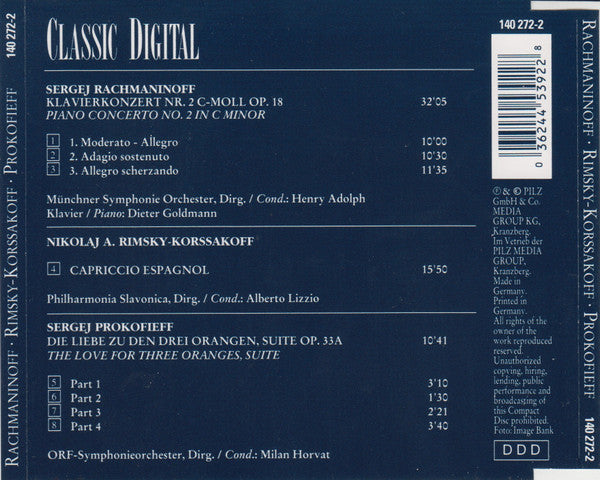 Various : Rachmaninoff, Rimsky-Korssakoff, Prokofieff / Klavierkonzert Nr. 2, Capriccio, Espagnol, Die Liebe Zu Den Drei Orangen (CD, Album)