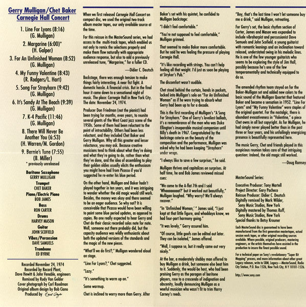 Gerry Mulligan / Chet Baker : Carnegie Hall Concert (CD, Album, Ltd, RE, RM, Gol)