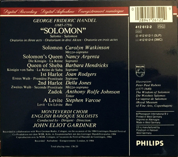 Handel* - Watkinson* •  Argenta* •  Hendricks* •  Rolfe Johnson* •  Monteverdi Choir* •  English Baroque Soloists* •  John Eliot Gardiner : Solomon (2xCD, RE + Box, Sli)