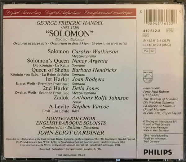 Handel* - Watkinson* •  Argenta* •  Hendricks* •  Rolfe Johnson* •  Monteverdi Choir* •  English Baroque Soloists* •  John Eliot Gardiner : Solomon (2xCD, RE + Box, Sli)