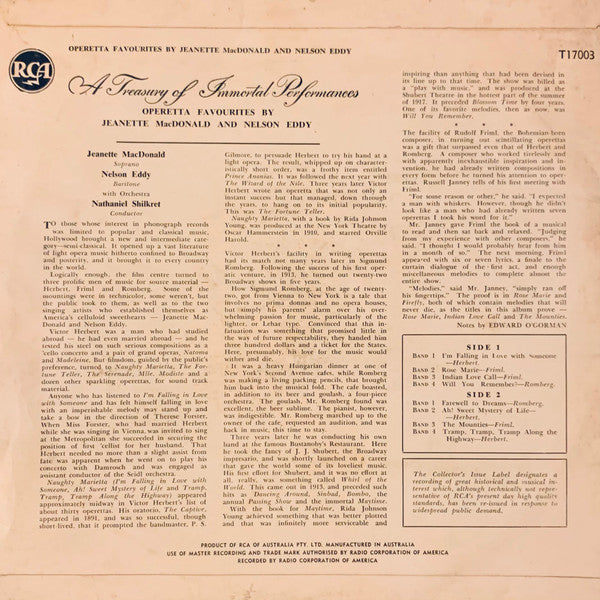 Jeanette MacDonald And Nelson Eddy, Nathaniel Shilkret : Operetta Favourites By Jeanette MacDonald And Nelson Eddy (10", Mono)