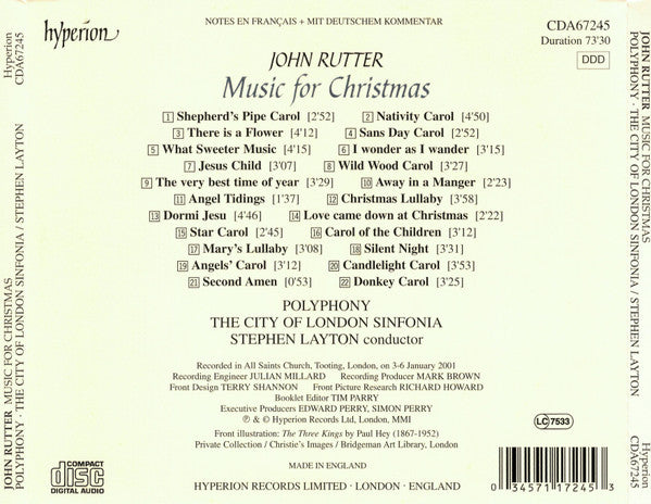 John Rutter / Polyphony, The City Of London Sinfonia*, Stephen Layton : Music For Christmas (CD, Album)