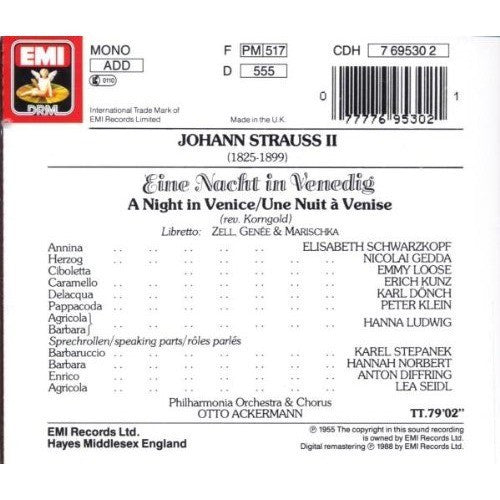 Johann Strauss II* - Schwarzkopf* • Gedda* • Kunz* • Otto Ackermann : Eine Nacht In Venedig = A Night In Venice = Une Nuit À Venise (CD, Album, Mono, RE, RM)