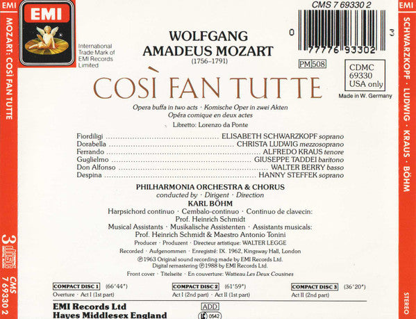 Mozart* – Schwarzkopf* • Ludwig* • Kraus* • Taddei* • Steffek* • Berry* / Philharmonia Chorus, Philharmonia Orchestra / Karl Böhm : Così Fan Tutte (3xCD, Album, RE, RM)