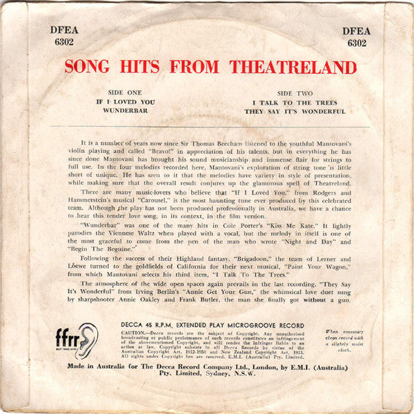 Mantovani And His Orchestra : Song Hits From Theatreland (7", EP)