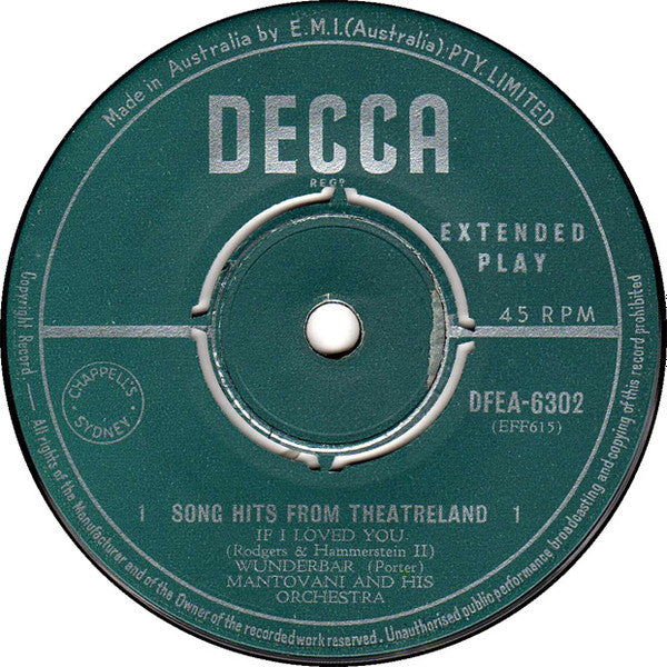 Mantovani And His Orchestra : Song Hits From Theatreland (7", EP)
