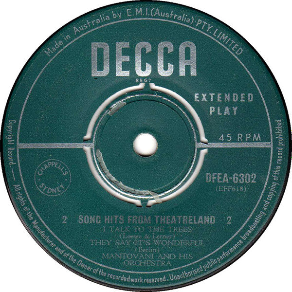 Mantovani And His Orchestra : Song Hits From Theatreland (7", EP)