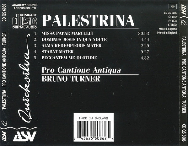 Giovanni Pierluigi da Palestrina – Pro Cantione Antiqua / Bruno Turner : Missa Papae Marcelli, Stabat Mater, 3 Motets  (CD, RE)