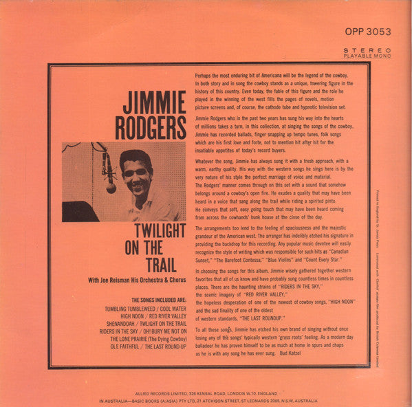 Jimmie Rodgers (2) With Joe Reisman And His Orchestra And Chorus : Twilight On The Trail (LP)