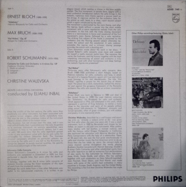 Schumann* / Bloch* / Bruch* / Christine Walevska, Eliahu Inbal : Cello Concerto / Schelomo / Kol Nidrei (LP)
