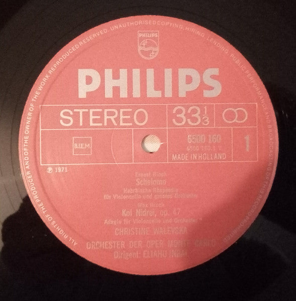 Schumann* / Bloch* / Bruch* / Christine Walevska, Eliahu Inbal : Cello Concerto / Schelomo / Kol Nidrei (LP)