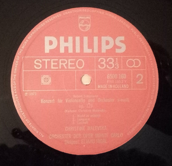 Schumann* / Bloch* / Bruch* / Christine Walevska, Eliahu Inbal : Cello Concerto / Schelomo / Kol Nidrei (LP)