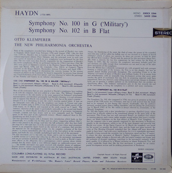 Haydn* - Otto Klemperer, The New Philharmonia Orchestra* : Symphony No. 100 In G ("Military") / Symphony No. 102 In B Flat (LP, Album)