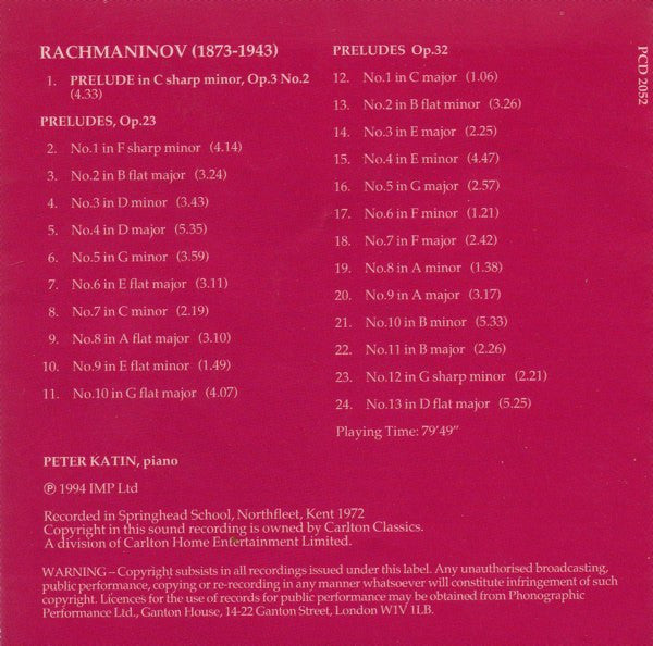 Rachmaninov* - Peter Katin : 24 Preludes (CD)