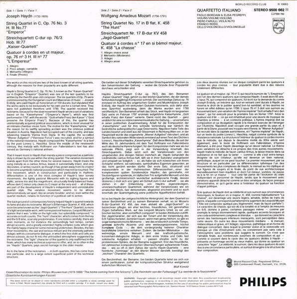Haydn*, Mozart*, Quartetto Italiano : String Quartet Op. 76/3 "Emperor" / String Quartet No. 17, K. 458 "The Hunt" (LP, Album, Club)