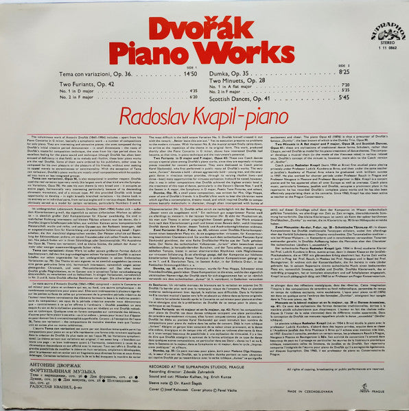 Dvořák*, Radoslav Kvapil : Dvořák Piano Works: Tema Con Variazioni / Two Furiants / Dumka / Two Minuets / Scottish Dances (LP, RP)