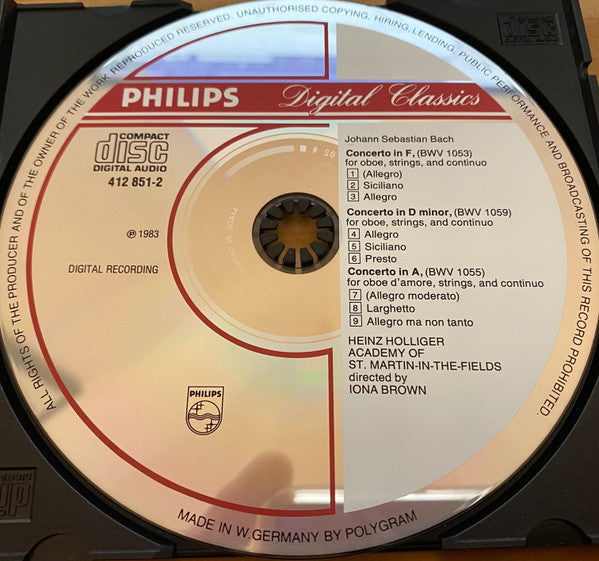 J.S.  Bach* - Heinz Holliger, Academy Of St. Martin-in-the-Fields*, Iona Brown : 3 Oboe Concertos = 3 Oboenkonzerte (BWV 1053, 1055, 1059) (CD, Album, RE, PMD)