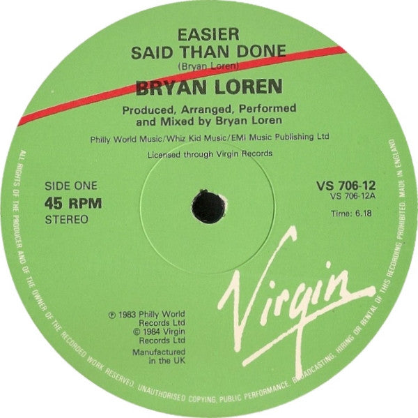 Bryan Loren : Easier Said Than Done (12")