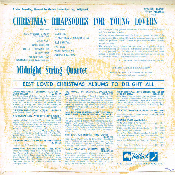 Midnight String Quartet : Christmas Rhapsodies For Young Lovers (LP, Album, Mono)