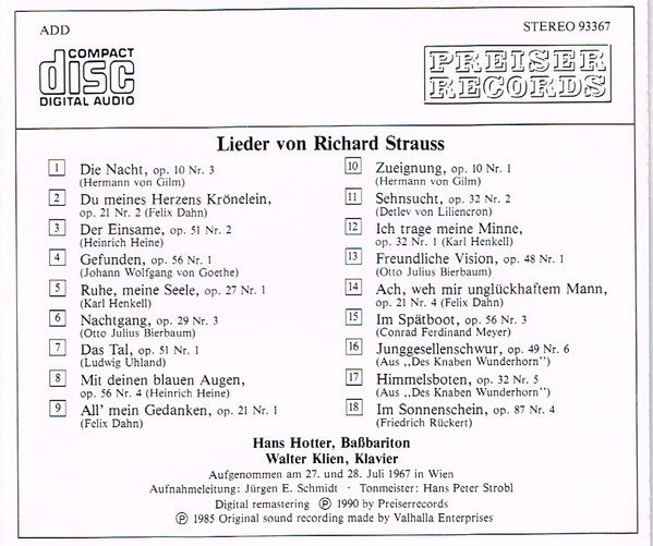 Hans Hotter, Walter Klien :  Lieder Von Richard Strauss  (CD, RE, RM)