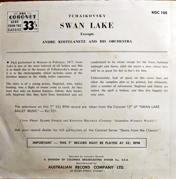 André Kostelanetz And His Orchestra : Swan Lake Excerpts Tchaikovsky (7", EP)