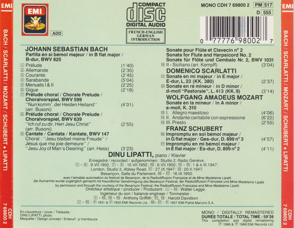 Dinu Lipatti : Bach ･ Mozart ･ Scarlatti ･ Schubert (CD, Comp, Mono, RE, RM)