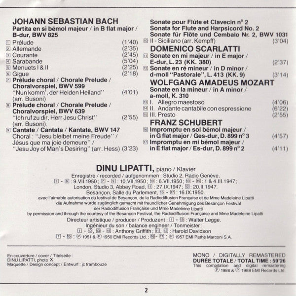 Dinu Lipatti : Bach ･ Mozart ･ Scarlatti ･ Schubert (CD, Comp, Mono, RE, RM)