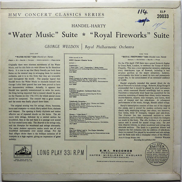 Handel* - Harty*, George Weldon, Royal Philharmonic Orchestra : Water Music Suite / Royal Fireworks Suite (LP, Mono, RE)