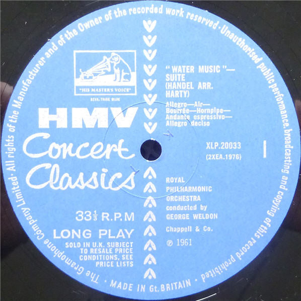 Handel* - Harty*, George Weldon, Royal Philharmonic Orchestra : Water Music Suite / Royal Fireworks Suite (LP, Mono, RE)