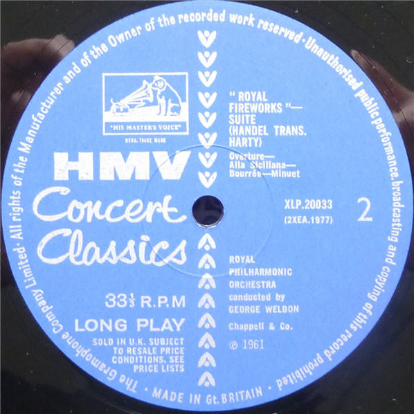 Handel* - Harty*, George Weldon, Royal Philharmonic Orchestra : Water Music Suite / Royal Fireworks Suite (LP, Mono, RE)