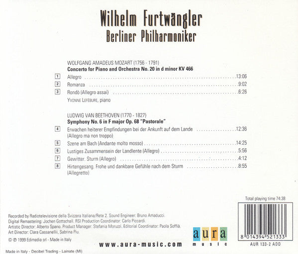 Mozart* / Beethoven* : Wilhelm Furtwängler, Berliner Philharmoniker, Yvonne Lefébure : Concerto Per Pianoforte E Orchestra N.20 In Re Minore K.466 / Sinfonia No. 6 Op. 68 "Pastorale" (CD, Mono, RM)