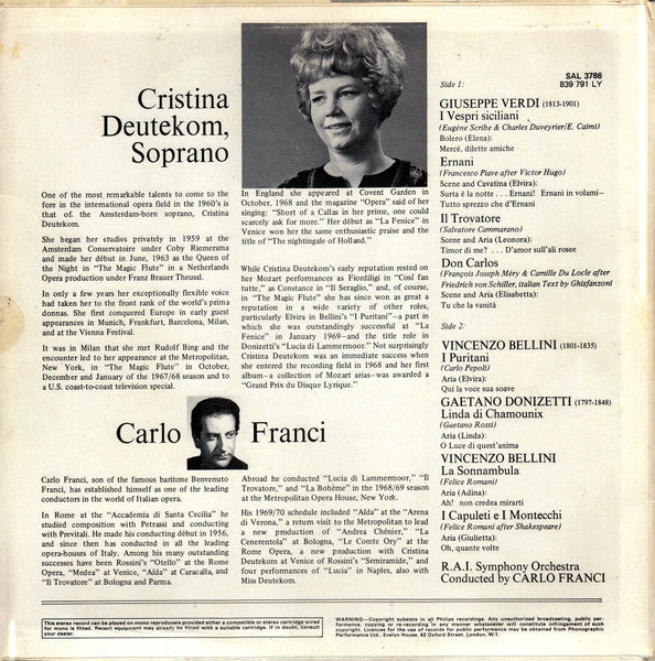 Cristina Deutekom / Giuseppe Verdi, Vincenzo Bellini, Gaetano Donizetti, Orchestra Sinfonica Di Roma Della RAI : Opera Arias (LP)