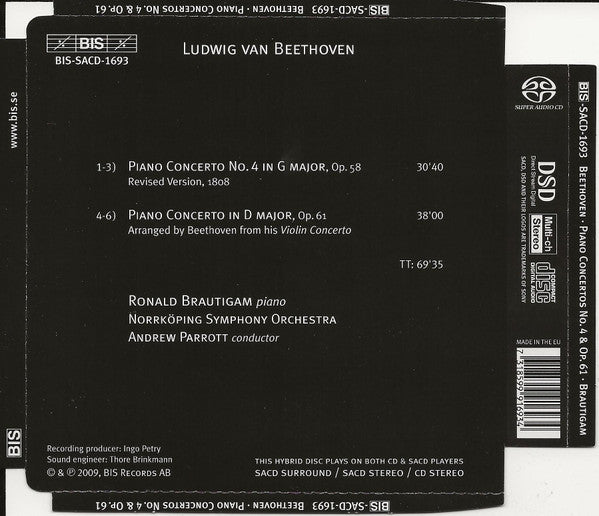 Ludwig van Beethoven • Ronald Brautigam • Norrköping Symphony Orchestra • Andrew Parrott : Piano Concertos In D. Op.61 & No.4 (SACD, Hybrid, Multichannel, Album, DSD)