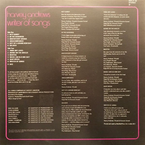 Harvey Andrews : Writer Of Songs (LP, No )