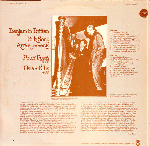 Benjamin Britten, Peter Pears, Osian Ellis : Folk Song Arrangements (LP)