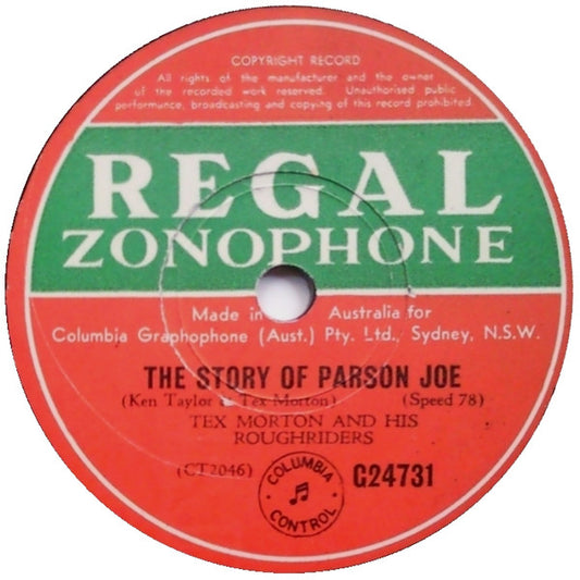 Tex Morton And His Roughriders* / Tex Morton (2) & Sister Dorrie With Tex Morton's Roughriders* : The Story Of Parson Joe / The Flowers Never Bloom In Lonesome Valley (Shellac, 10")