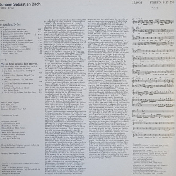 Johann Sebastian Bach, Mitsuko Shirai, Doris Soffel, Peter Schreier, Hermann Christian Polster, Thomanerchor, Neues Bachisches Collegium Musicum Leipzig, Hans-Joachim Rotzsch : Magnificat D-dur BWV 243 / Kantate »Meine Seel Erhebt Den Herren« BWV 10 (LP, Blu)