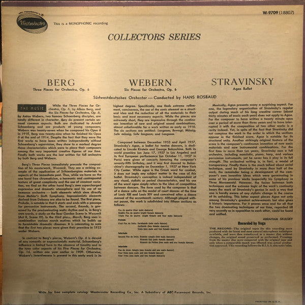 Alban Berg / Anton Webern / Igor Stravinsky, Hans Rosbaud : 3 Pieces For Orchestra, Op. 6 / 6 Pieces For Orchestra, Op. 6 / Agon Ballet (LP, Mono)