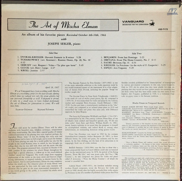 Mischa Elman, Joseph Seiger : The Art Of Mischa Elman (LP, Album, RE)