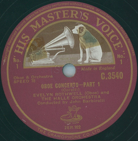 Evelyn Rothwell and Hallé Orchestra : Oboe Concerto (Shellac, 12")
