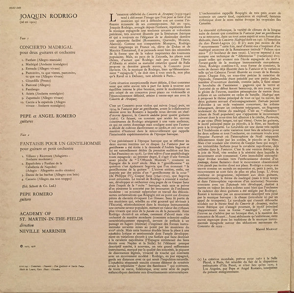 Joaquín Rodrigo – Pepe Romero et Angel Romero (2), The Academy Of St. Martin-in-the-Fields, Sir Neville Marriner : Concierto Madrigal Pour Deux Guitares Et Orchestre / Fantaisie Pour Un Gentilhomme (LP)