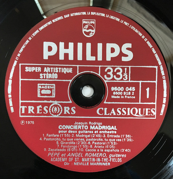 Joaquín Rodrigo – Pepe Romero et Angel Romero (2), The Academy Of St. Martin-in-the-Fields, Sir Neville Marriner : Concierto Madrigal Pour Deux Guitares Et Orchestre / Fantaisie Pour Un Gentilhomme (LP)