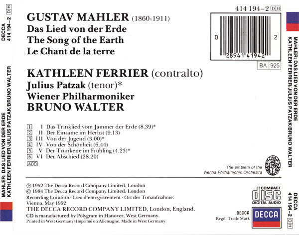 Mahler* – Kathleen Ferrier, Julius Patzak, Wiener Philharmoniker, Bruno Walter : Das Lied Von Der Erde (CD, Mono, RP)