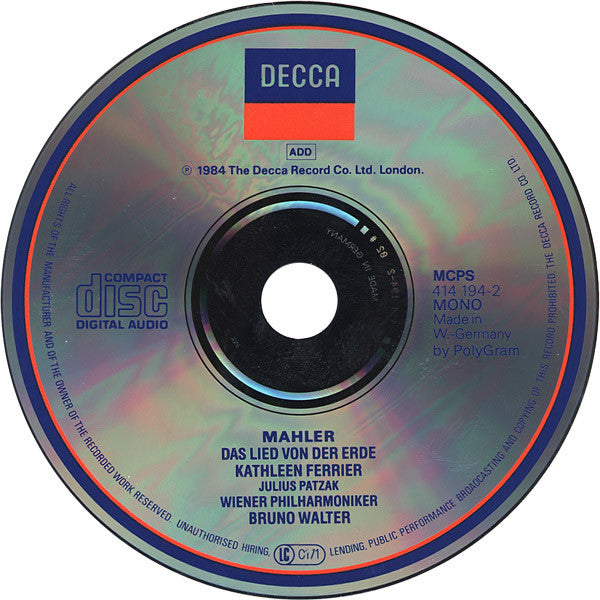 Mahler* – Kathleen Ferrier, Julius Patzak, Wiener Philharmoniker, Bruno Walter : Das Lied Von Der Erde (CD, Mono, RP)