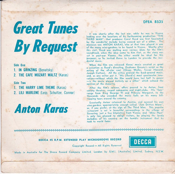 Anton Karas : Great Tunes By Request (7", EP)